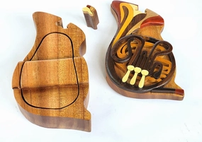 French Horn - Handcrafted Wooden Puzzle Box with Secret Compartment - All-Natural Intarsia Wood Art