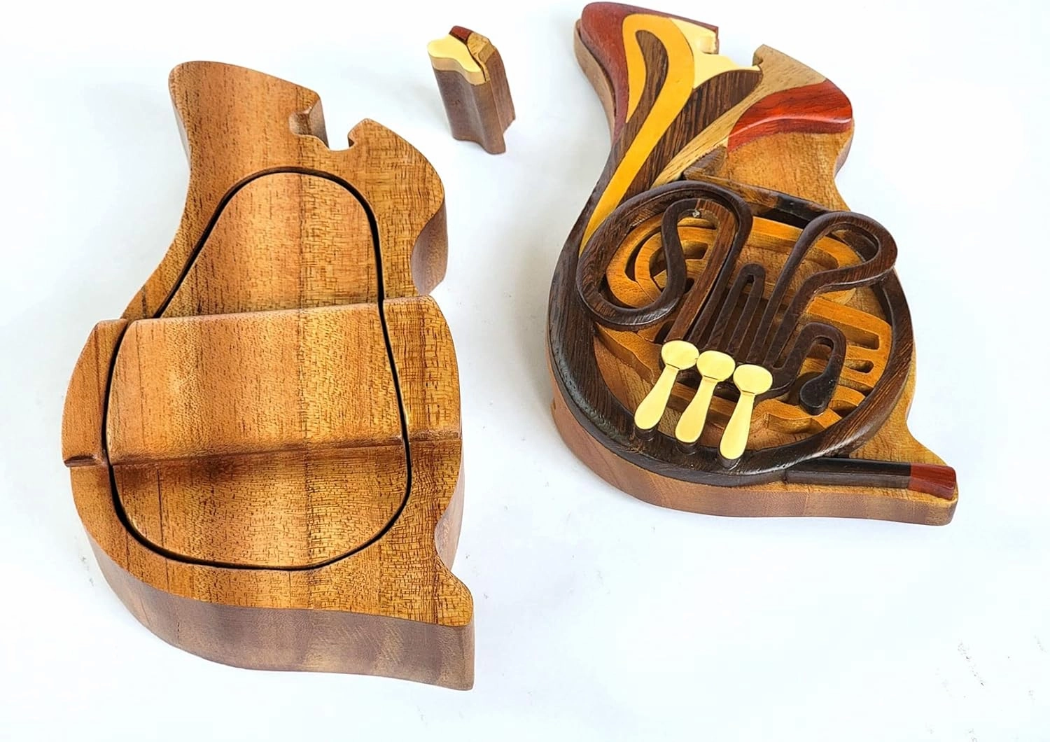 French Horn - Handcrafted Wooden Puzzle Box with Secret Compartment - All-Natural Intarsia Wood Art