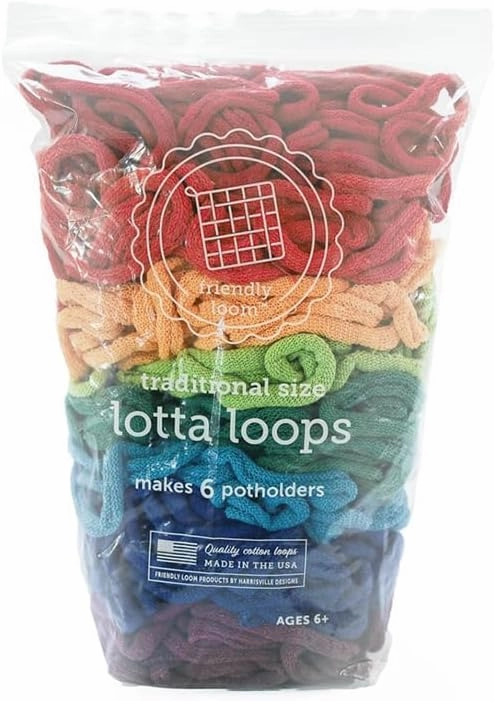 Friendly Loom | Lotta Loops - 7” Traditional-Sized Rainbow Themed Potholder Weaving Loops | Craft 6 Cotton Potholders