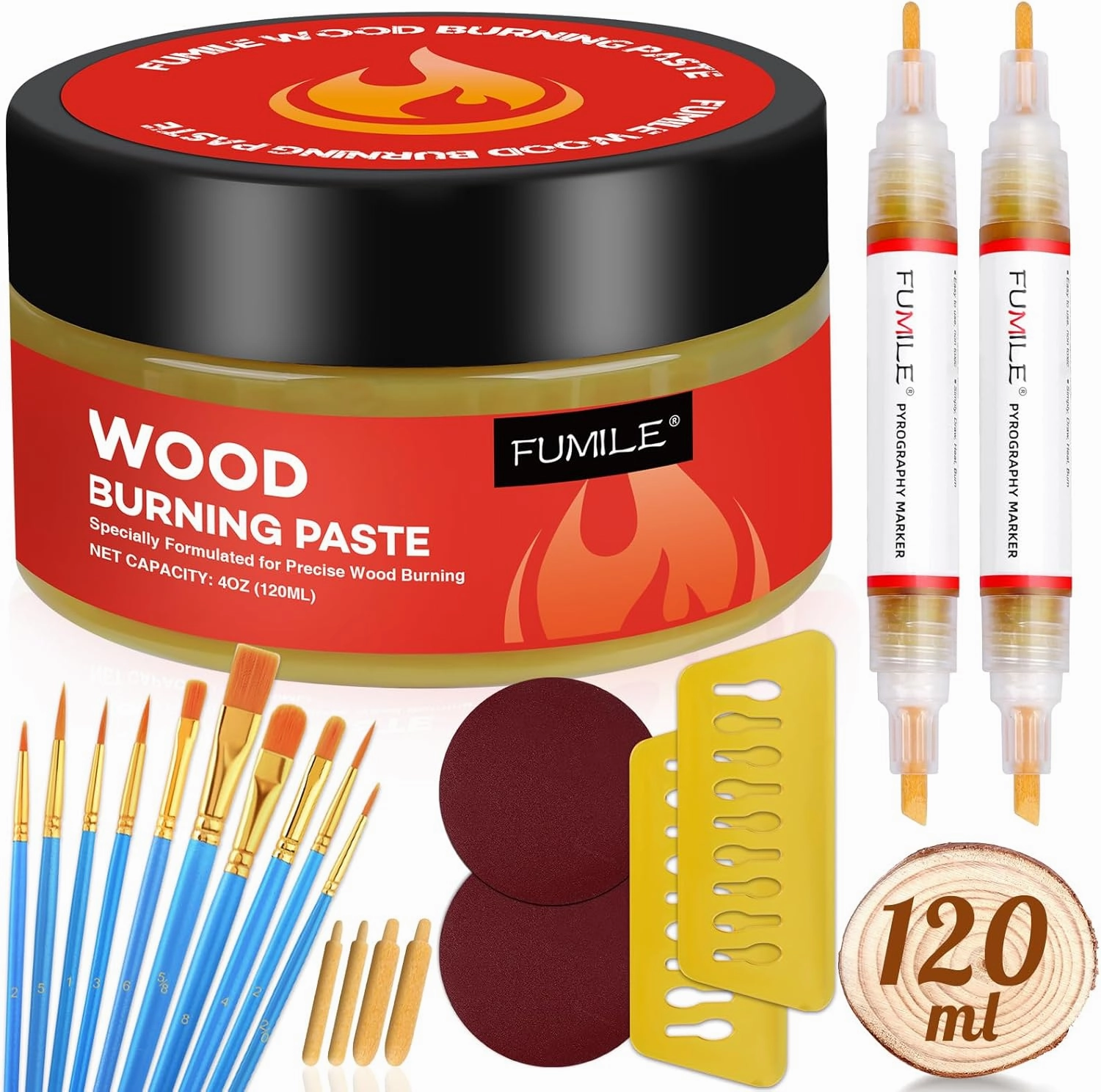 FUMILE Wood Burning Gel Kit,4 OZ wood Burning Paste,Wood burning Pen Kit for Wooden Burning Design for Beginners, Stable Heat Activated Paste(21 PCS).