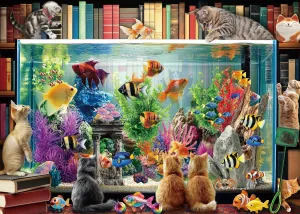 Funny Cat Jigsaw Puzzle 1000 Piece for Adult Art Books Colorful Fish Puzzles Vintage Bookshelf Difficult Aesthetic Puzzle