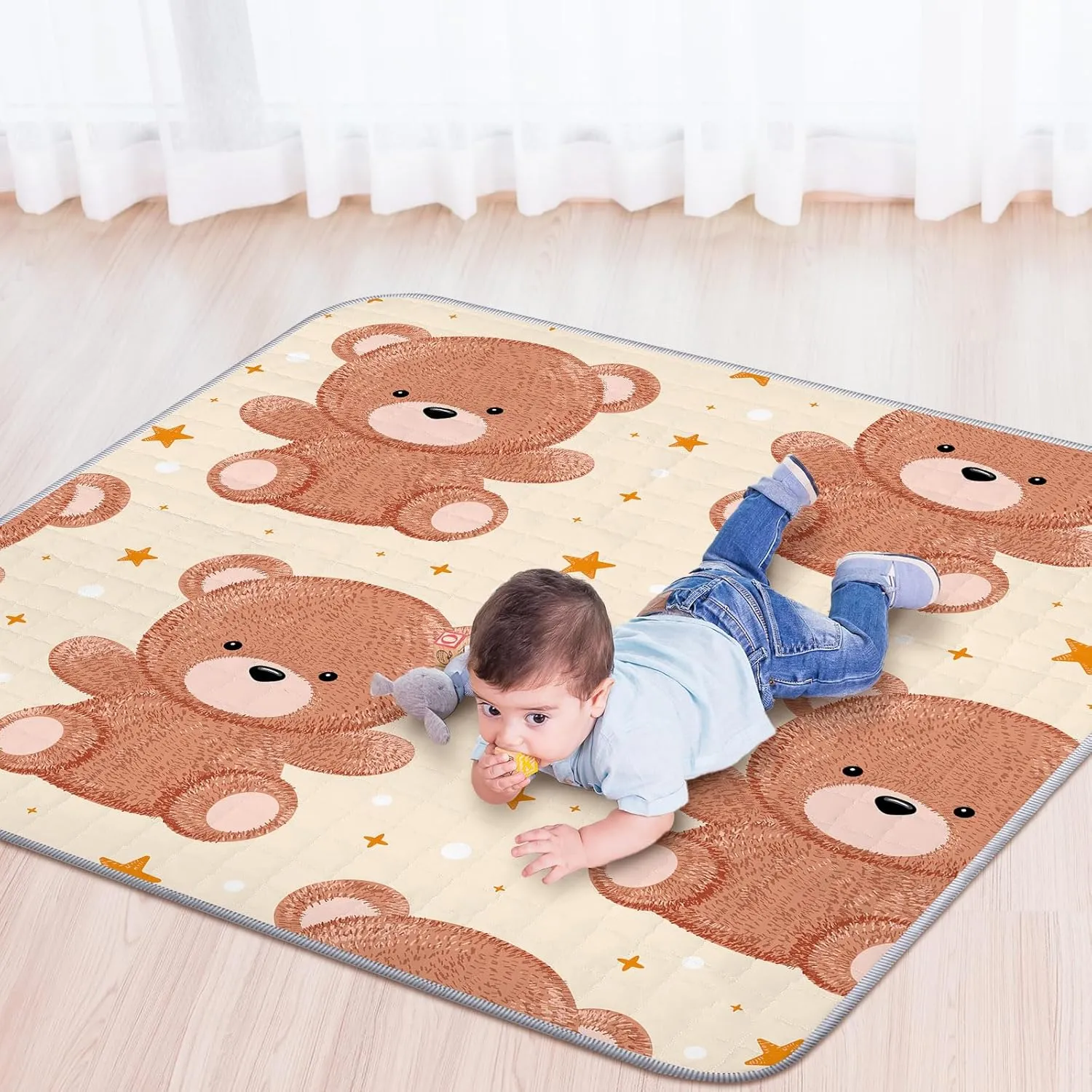 Funtery 43 x 43 Inch Boho Baby Play Mat Portable Crawling Washable Foldable Tummy Time Non Slip Baby Floor Large Playpen Mat for Infants Toddlers Floor Playpen Activity(Bear)