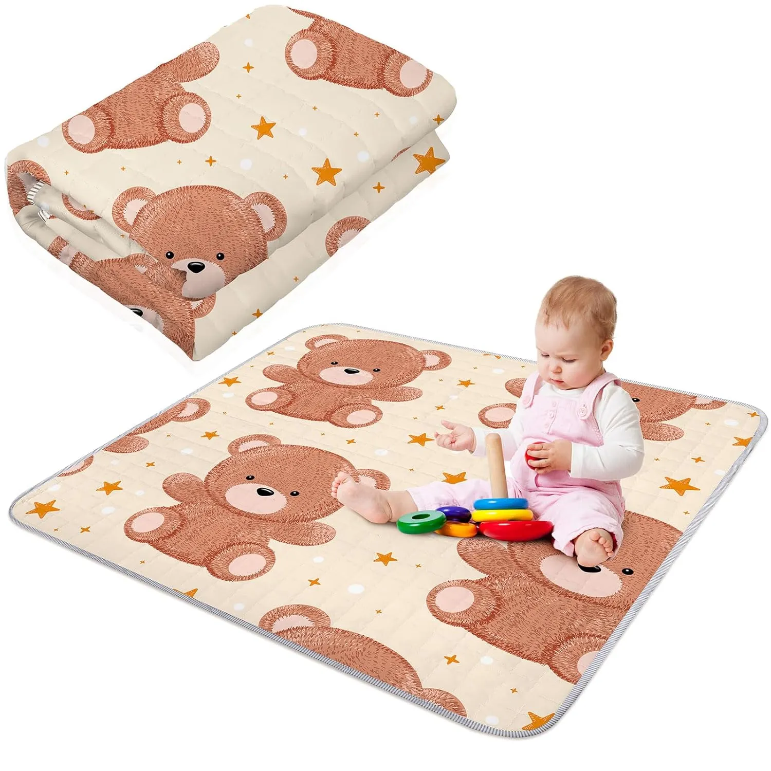 Funtery 43 x 43 Inch Boho Baby Play Mat Portable Crawling Washable Foldable Tummy Time Non Slip Baby Floor Large Playpen Mat for Infants Toddlers Floor Playpen Activity(Bear)