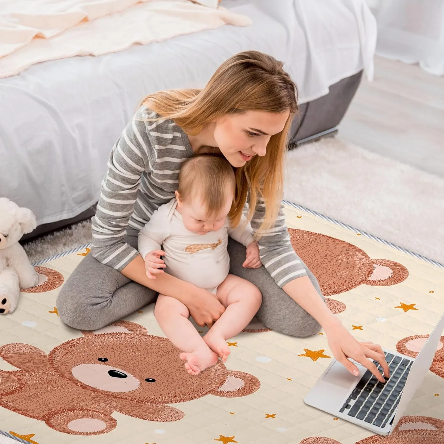 Funtery 43 x 43 Inch Boho Baby Play Mat Portable Crawling Washable Foldable Tummy Time Non Slip Baby Floor Large Playpen Mat for Infants Toddlers Floor Playpen Activity(Bear)