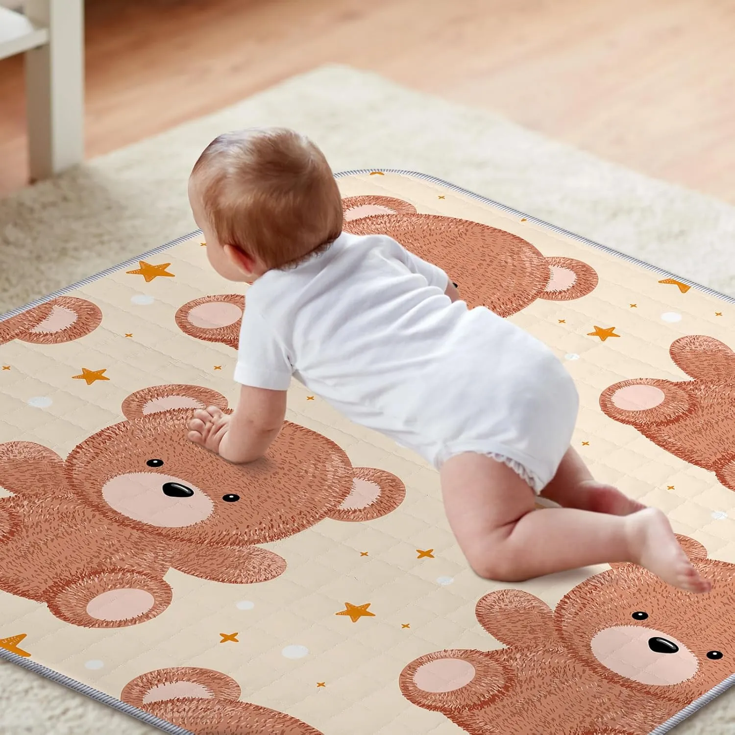 Funtery 43 x 43 Inch Boho Baby Play Mat Portable Crawling Washable Foldable Tummy Time Non Slip Baby Floor Large Playpen Mat for Infants Toddlers Floor Playpen Activity(Bear)