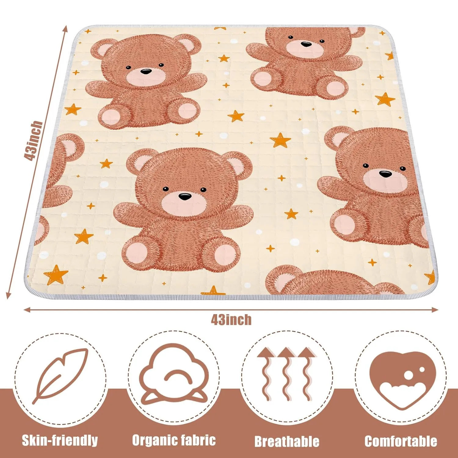 Funtery 43 x 43 Inch Boho Baby Play Mat Portable Crawling Washable Foldable Tummy Time Non Slip Baby Floor Large Playpen Mat for Infants Toddlers Floor Playpen Activity(Bear)