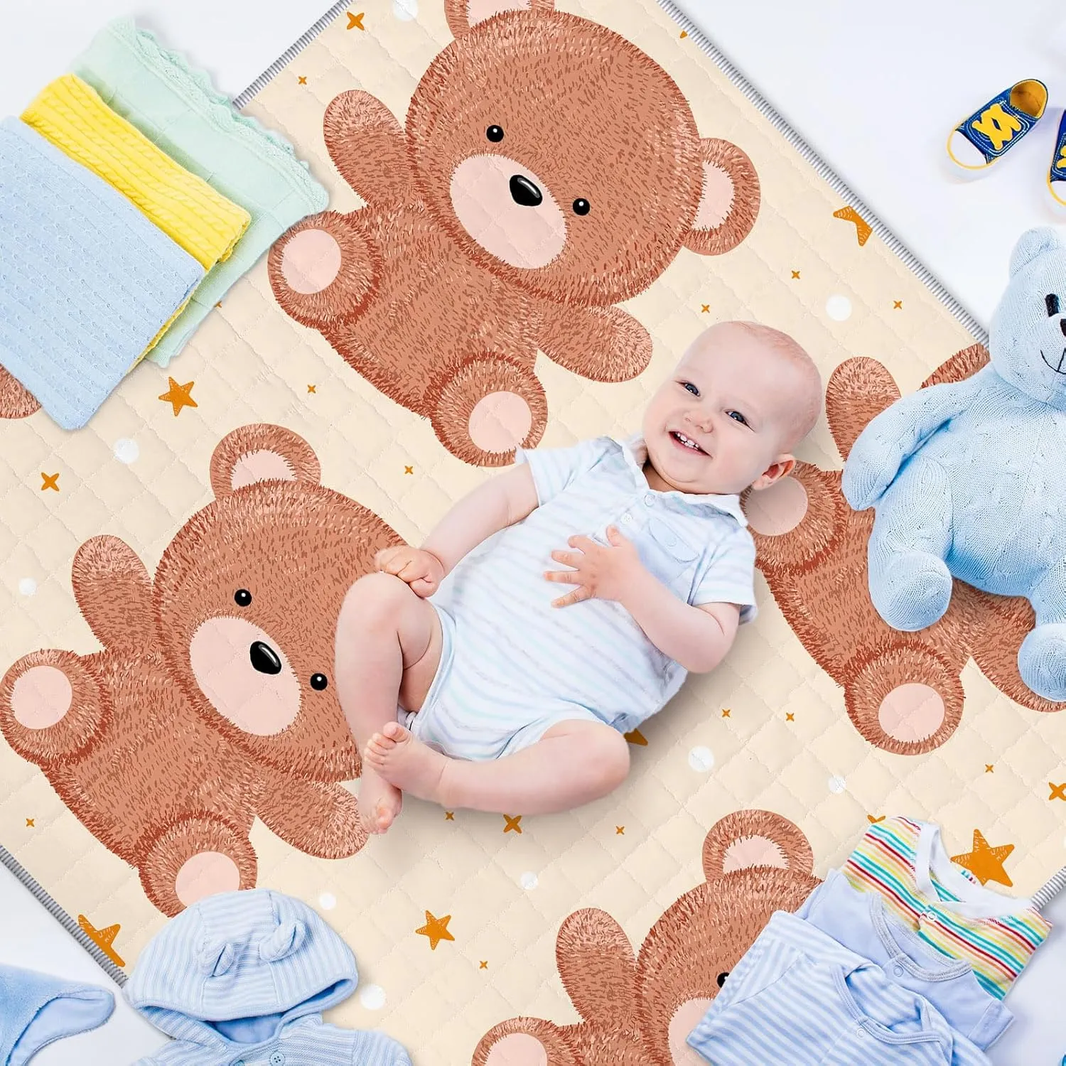 Funtery 43 x 43 Inch Boho Baby Play Mat Portable Crawling Washable Foldable Tummy Time Non Slip Baby Floor Large Playpen Mat for Infants Toddlers Floor Playpen Activity(Bear)