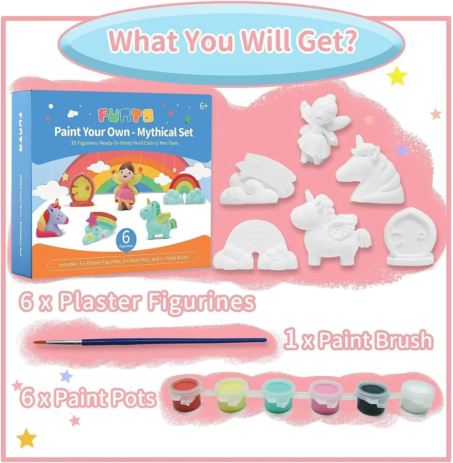 Funto Paint Your Own Unicorn Painting Kit, Arts and Crafts Set, STEAM Project Creative Activity DIY Toys, with 6 Figurines, 6 Paint Pots, 1 Brush