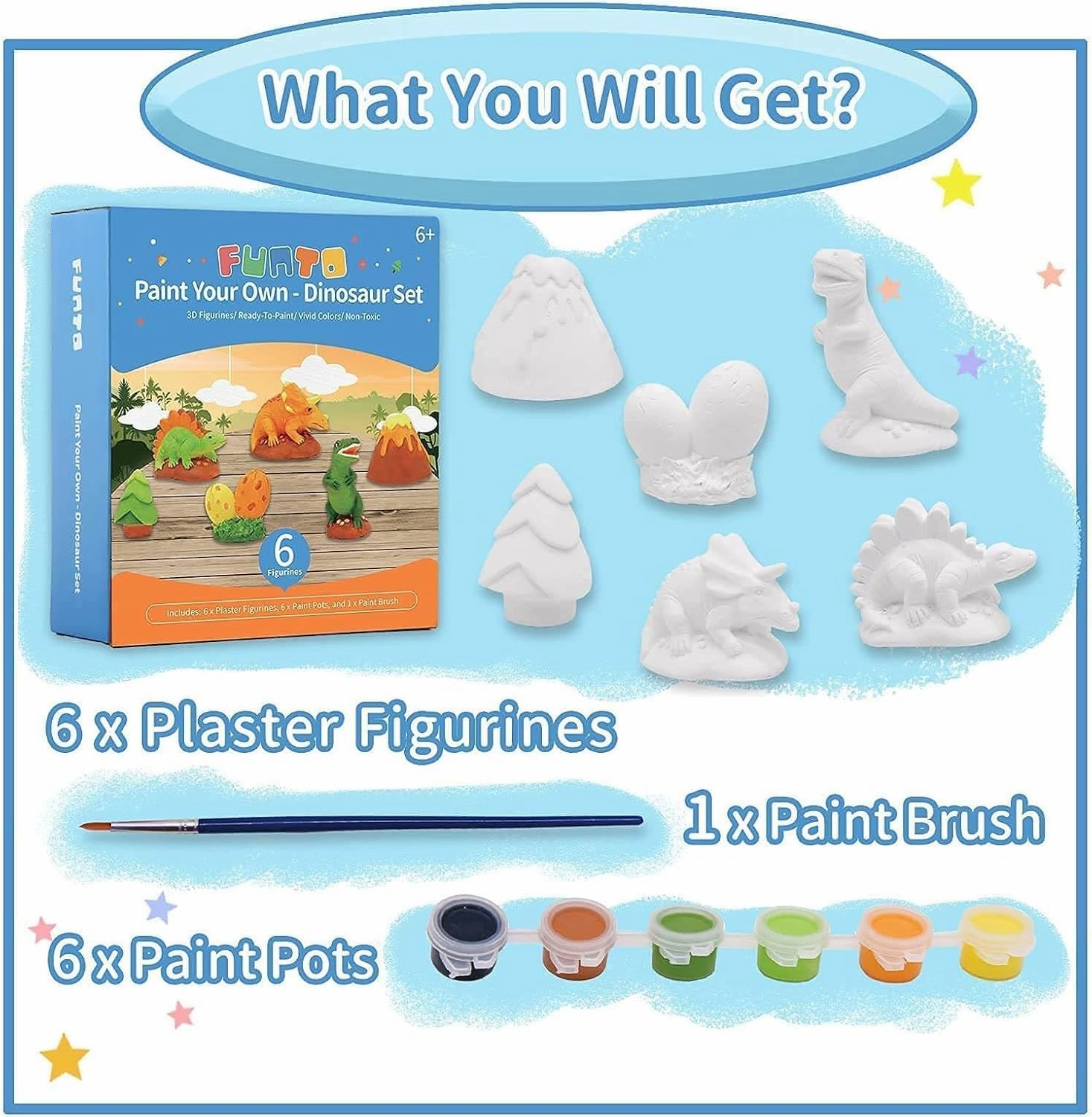 Funto Paint Your Own Dinosaurs Painting Kit, Arts and Crafts Set, STEAM Project Creative Activity DIY Toys, with 6 Figurines, 6 Paint Pots, 1 Brush