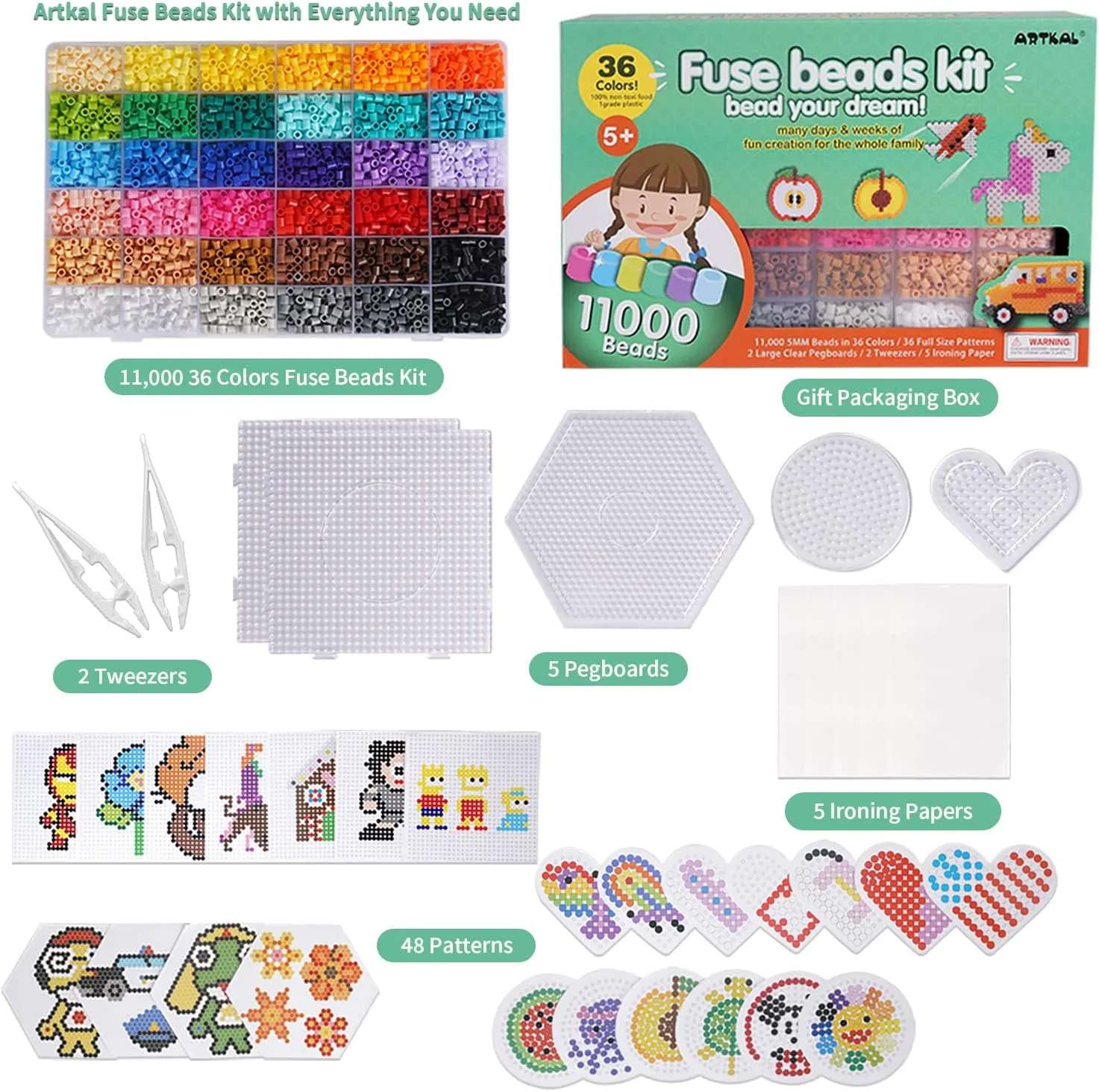 Fuse Beads Kit 11,000pcs 36 Colors Melting Beads Kit for Kids, with 5 Pegboards 2 Tweezers 48 Patterns, Fusible Beads Kit Compatible Perler Beads Hama Beads for Christmas Birthday Gift