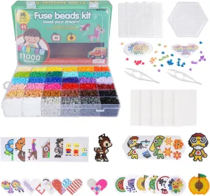 Fuse Beads Kit 11,000pcs 36 Colors Melting Beads Kit for Kids, with 5 Pegboards 2 Tweezers 48 Patterns, Fusible Beads Kit Compatible Perler Beads Hama Beads for Christmas Birthday Gift