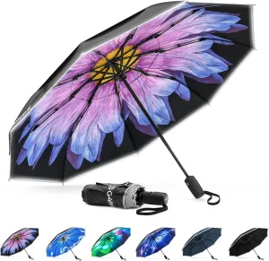 G4Free Eco Windproof Travel Umbrella for Rain & Sun, Strongest Fiberglass Frame, Double Canopy with Reflective Strip, Auto Open Close Folding Umbrella For Car, Backpack, Purse