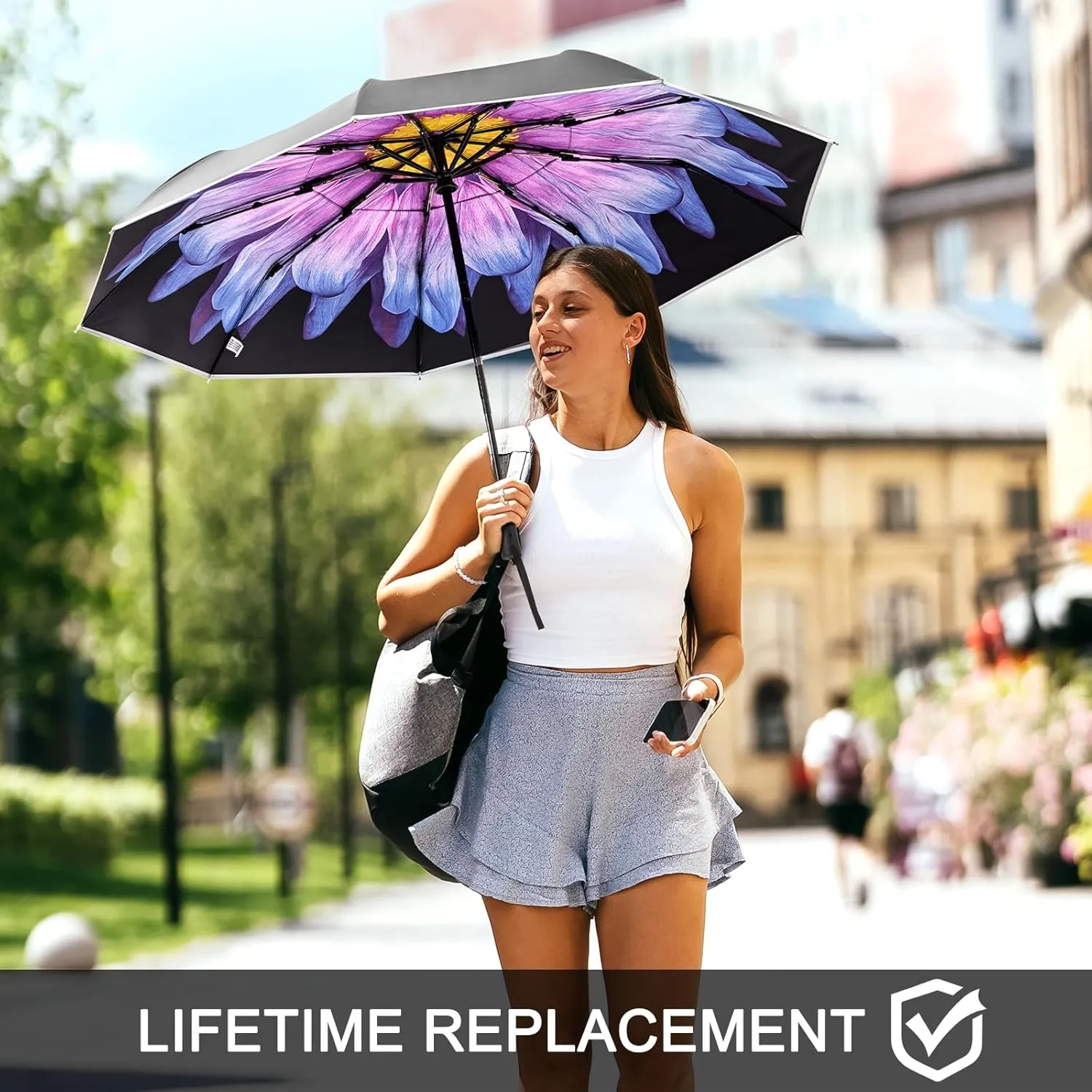 G4Free Eco Windproof Travel Umbrella for Rain & Sun, Strongest Fiberglass Frame, Double Canopy with Reflective Strip, Auto Open Close Folding Umbrella For Car, Backpack, Purse
