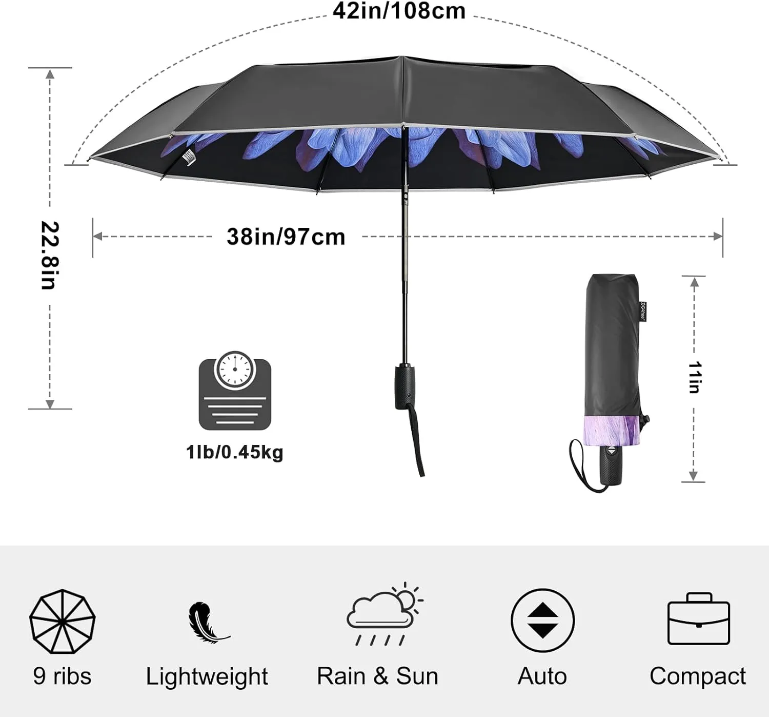G4Free Eco Windproof Travel Umbrella for Rain & Sun, Strongest Fiberglass Frame, Double Canopy with Reflective Strip, Auto Open Close Folding Umbrella For Car, Backpack, Purse