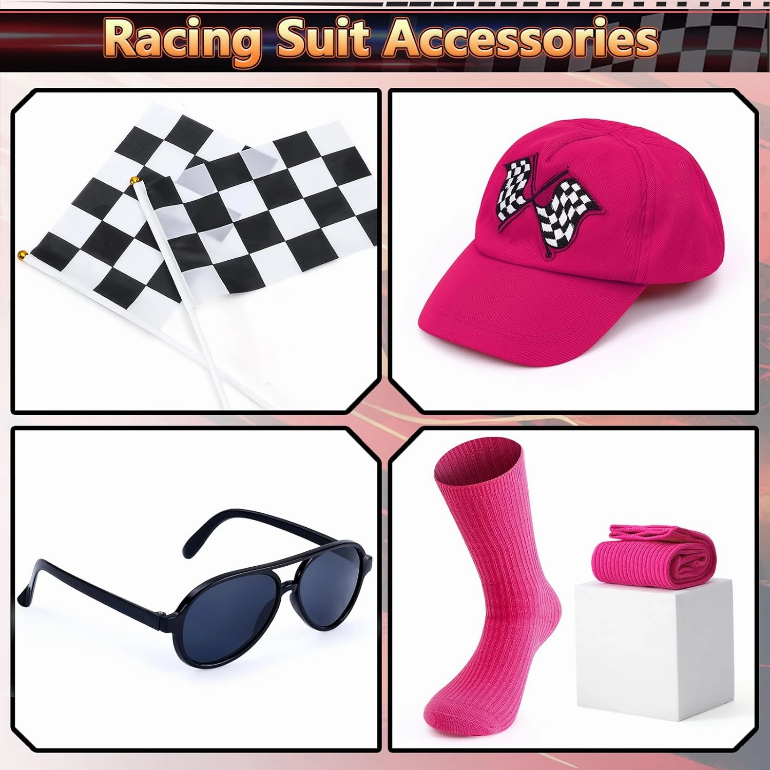 G.C 8pcs Girls Race Car Driver Costume Toddler Racing Suit Racer Dress Costumes Cap Socks Sunglasses Flags Halloween Dress up