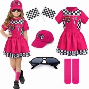 G.C 8pcs Girls Race Car Driver Costume Toddler Racing Suit Racer Dress Costumes Cap Socks Sunglasses Flags Halloween Dress up