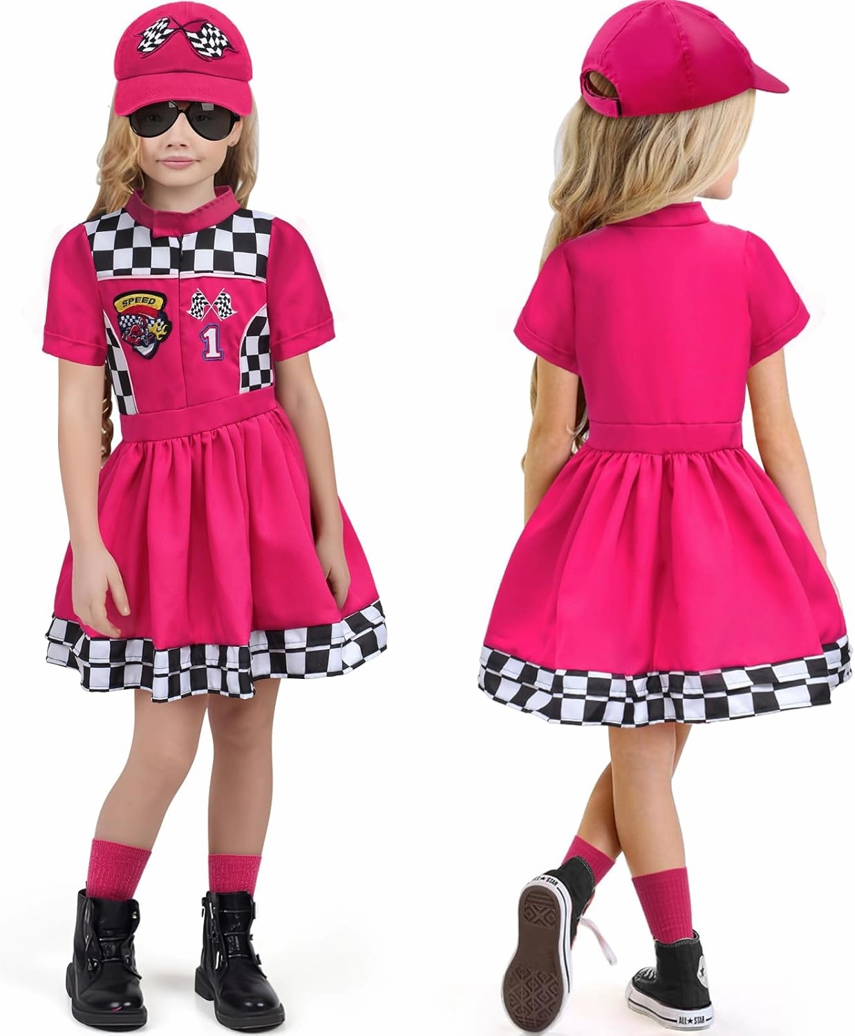 G.C 8pcs Girls Race Car Driver Costume Toddler Racing Suit Racer Dress Costumes Cap Socks Sunglasses Flags Halloween Dress up