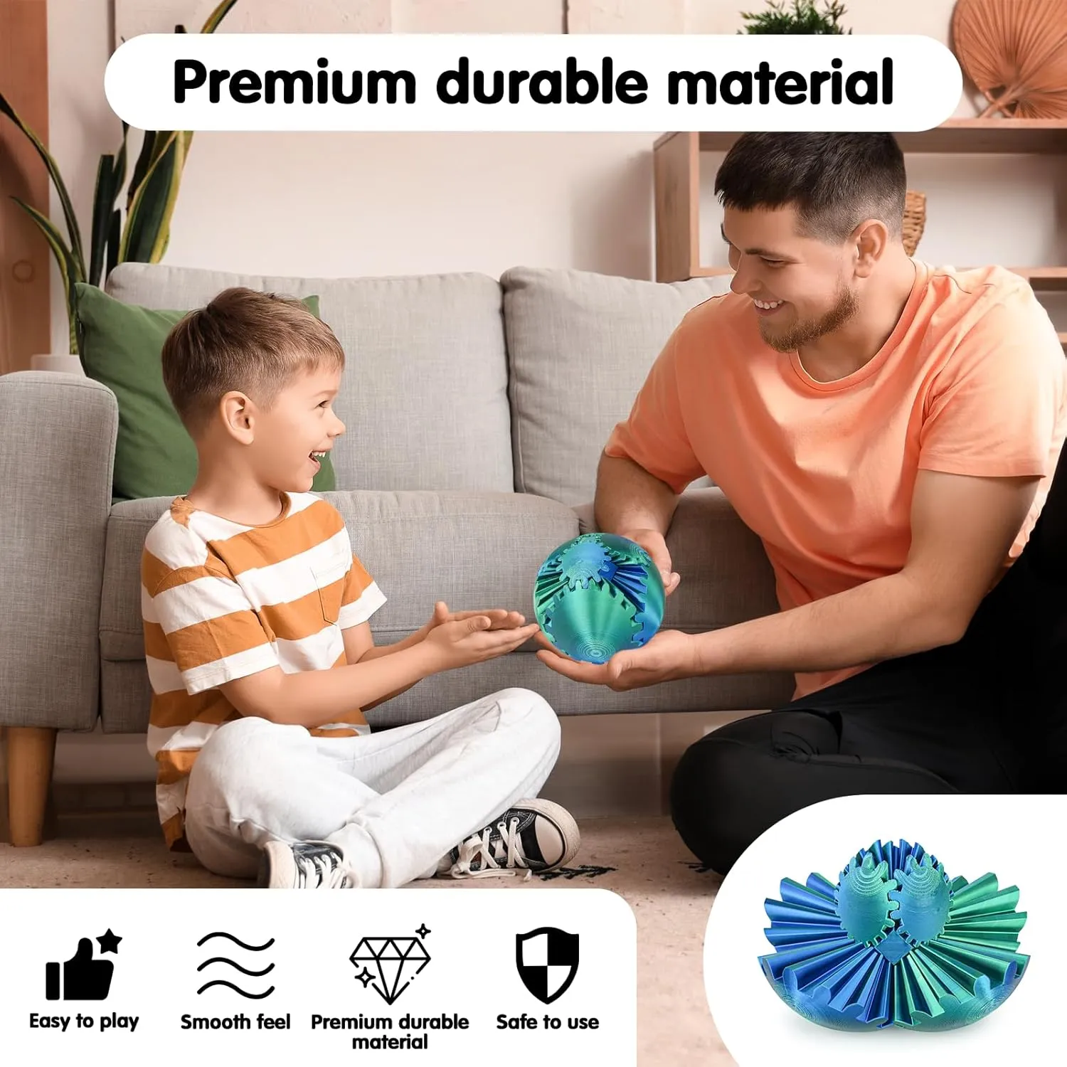 Gear Ball 3D Printed Spin Ball or Cube Fidget Toy,Gear Sphere Fidget Toy,Fidget Ball Gear Toy for Stress and Anxiety Relief, Stress Ball GearSphere Desk Toy for Adults & Kids (Blue Green, 3.1 Inch)