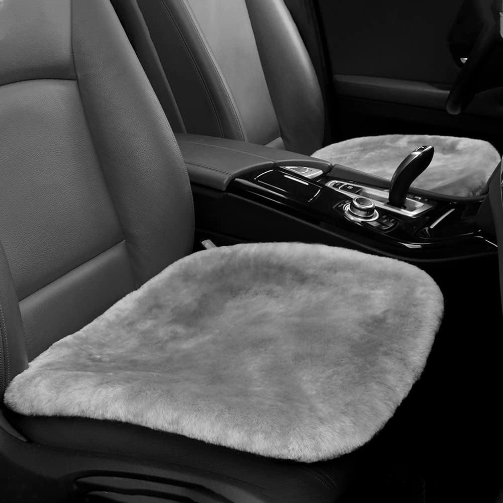 Genuine Sheepskin Auto Seat Pad, Australian Soft Wool Seat Cover Breathable and Sweat-Wicking Comfort Warm Universal Fit,19.2 inch x19.2 inch (Front seat Cushion 1pc, Gray)