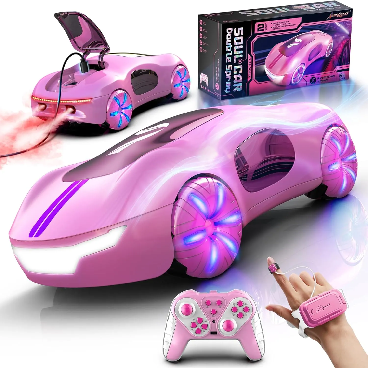 Gesture Sensing Remote Control Car, Drift RC Stunt Car with Light Spray & Sound, 2.4GHz Hobby RC Cars Toy for Kids, 360° Rotate, Birthday Gifts for Boys Girls 6-12（Pink）