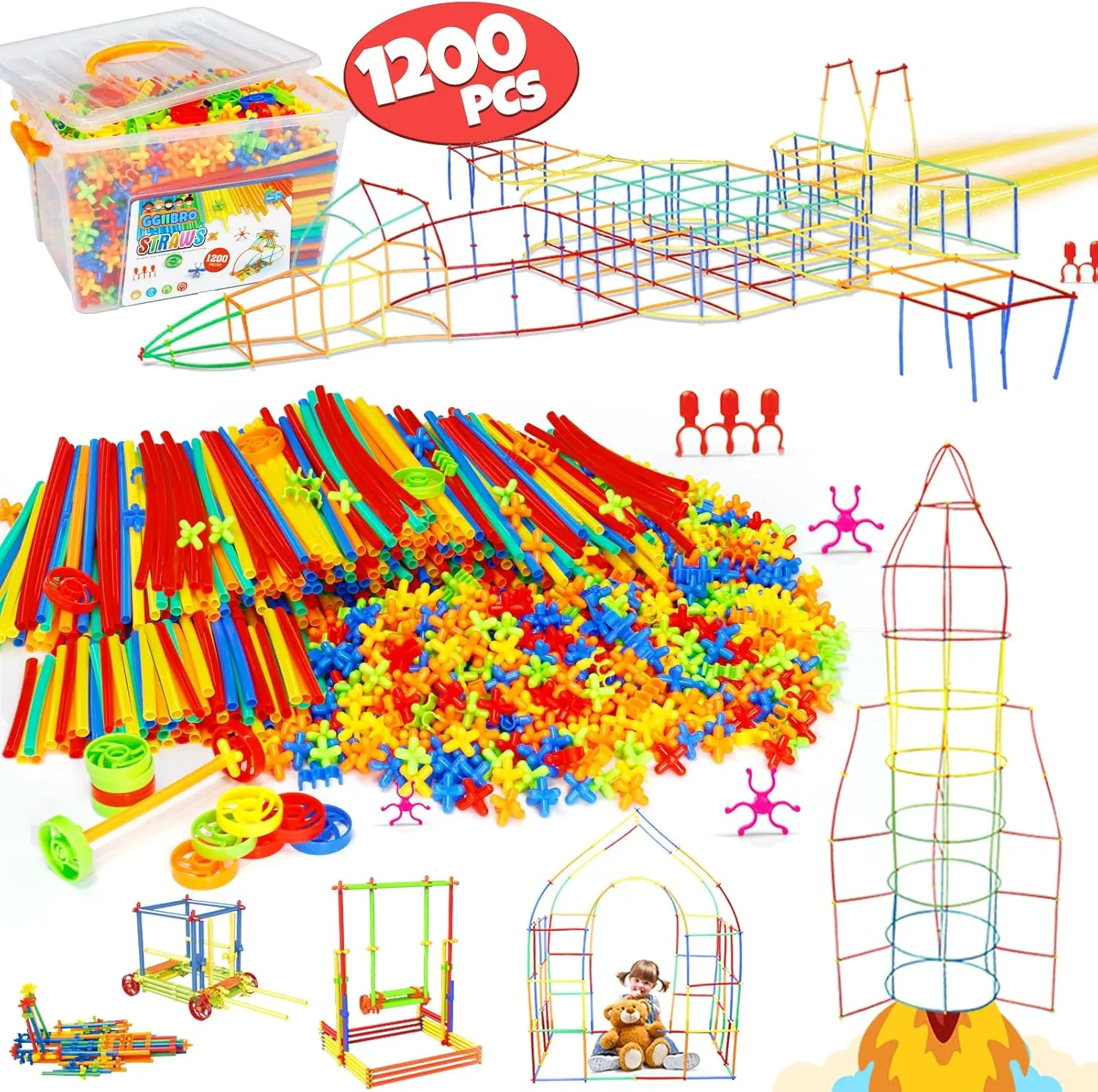 Ggiibro Straw Constructor Toys STEM Building Toys 1200Pcs Toys Aged for 3 4 5 6 7 8  Interlocking Plastic Toys Engineering Toys Thin Tube Blocks Toy Educational Toy Kit for Classroom Kids Toys Set