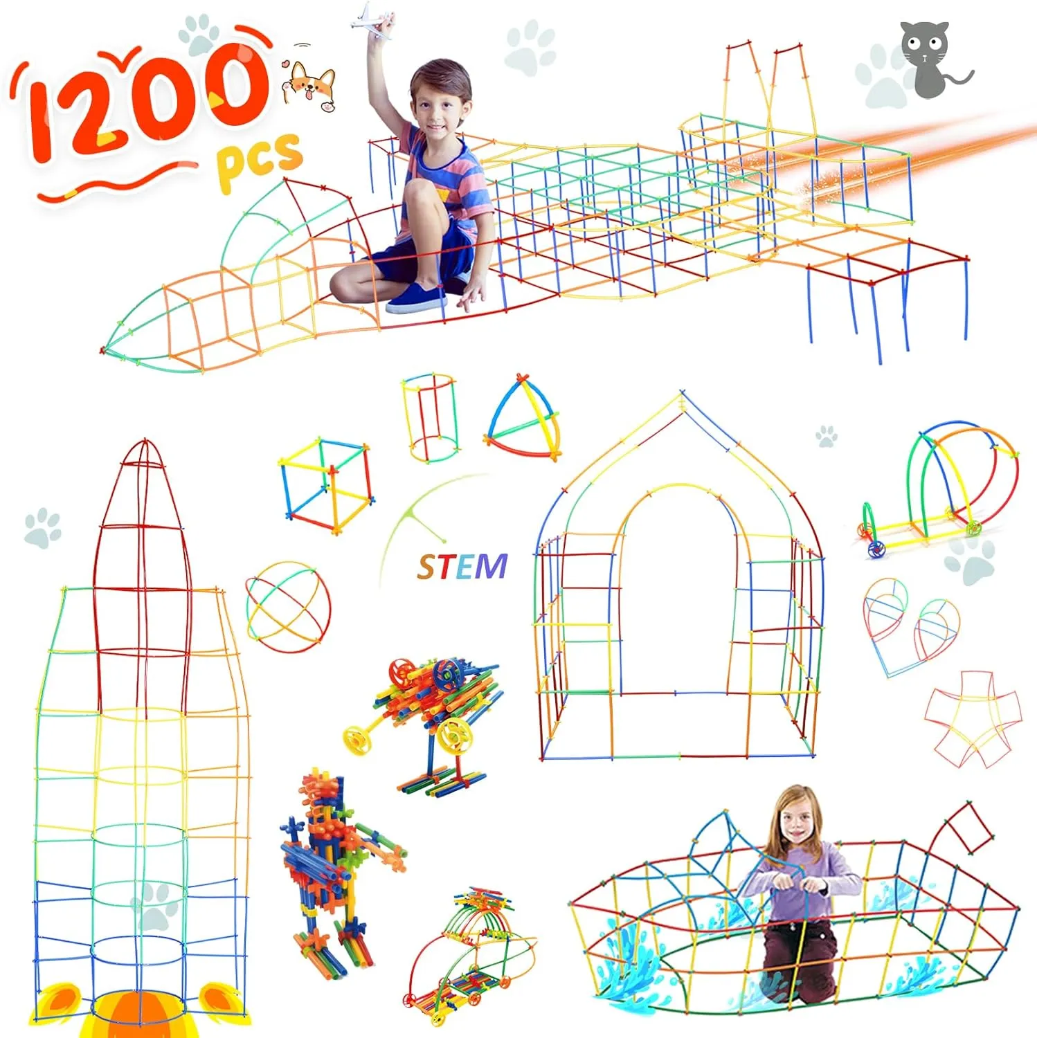 Ggiibro Straw Constructor Toys STEM Building Toys 1200Pcs Toys Aged for 3 4 5 6 7 8  Interlocking Plastic Toys Engineering Toys Thin Tube Blocks Toy Educational Toy Kit for Classroom Kids Toys Set
