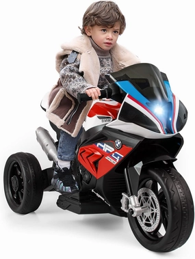 GLACER 12V Battery Licensed BMW Powered Electric Motorcycle, Kids 3 Wheel Ride-On Trike w/Built-in Music, MP3 Player, USB Port, 2-Speed Rechargeable Electric Motorbike for 37-96 Months (Red)