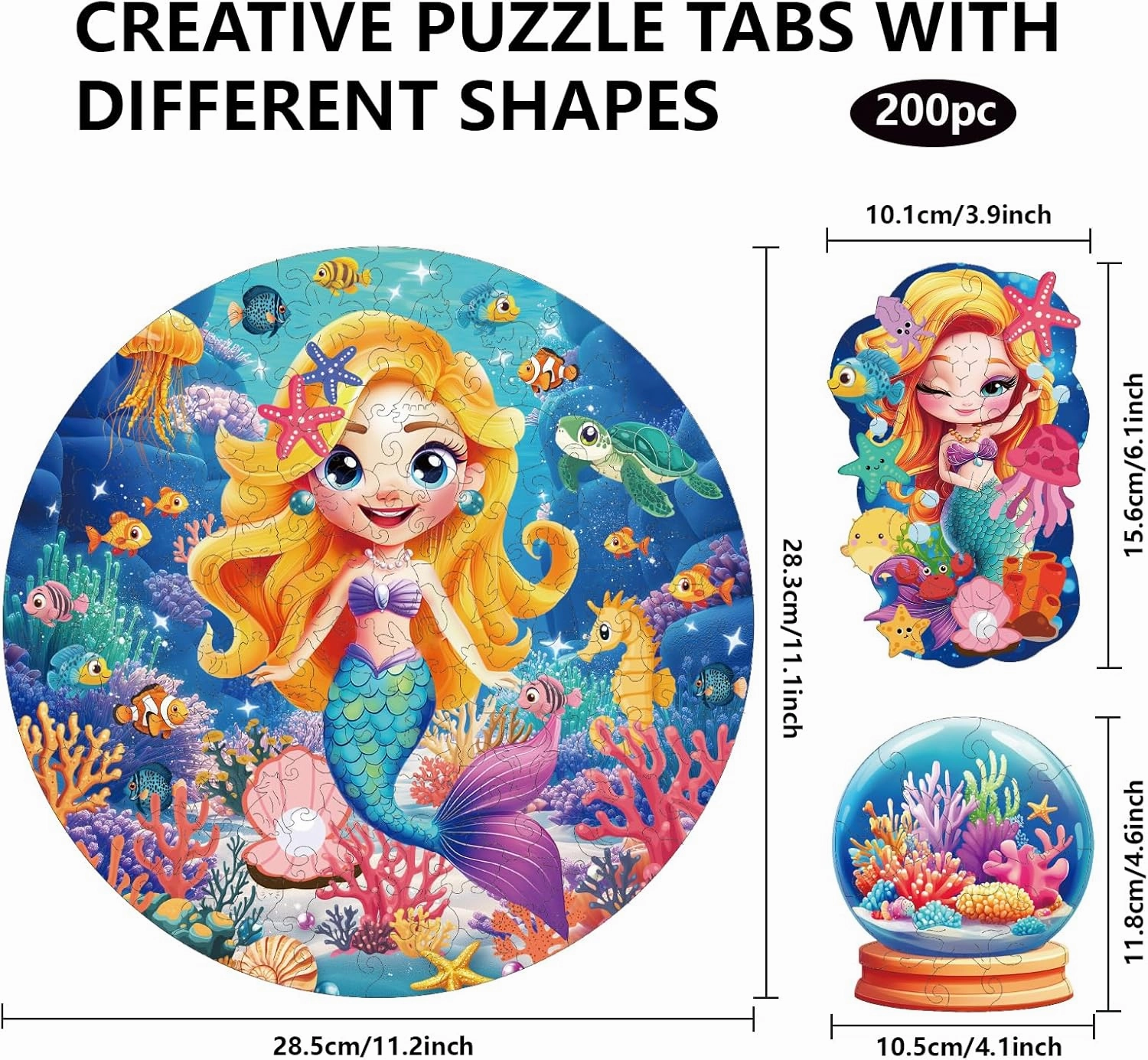 GLOBLELAND 200Pcs Cartoon Mermaid Wooden Jigsaw Puzzles for Toddler Children Learning Underwater World Wooden Puzzles Colorful Unique Shaped Wood Puzzles Birthday Gifts for Preschool Learning