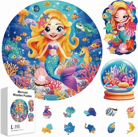 GLOBLELAND 200Pcs Cartoon Mermaid Wooden Jigsaw Puzzles for Toddler Children Learning Underwater World Wooden Puzzles Colorful Unique Shaped Wood Puzzles Birthday Gifts for Preschool Learning