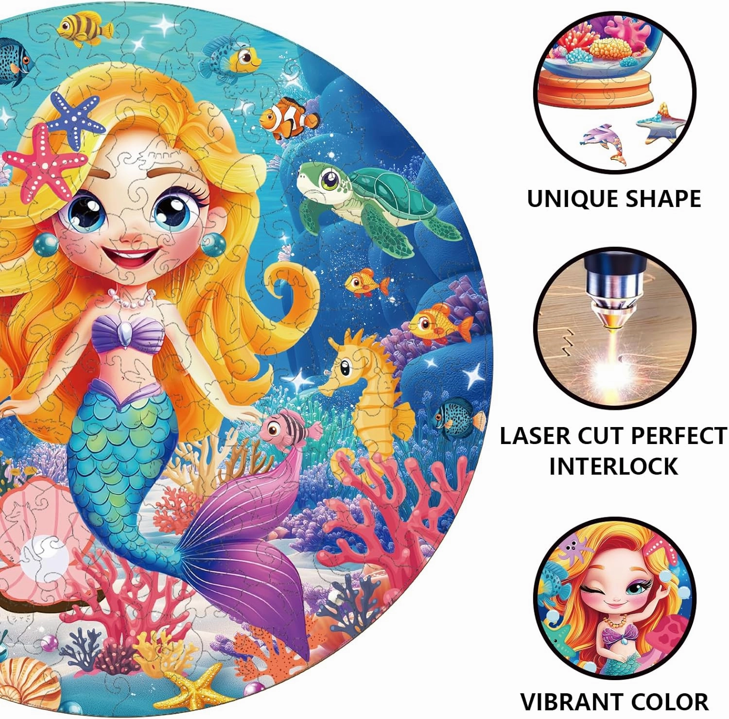GLOBLELAND 200Pcs Cartoon Mermaid Wooden Jigsaw Puzzles for Toddler Children Learning Underwater World Wooden Puzzles Colorful Unique Shaped Wood Puzzles Birthday Gifts for Preschool Learning