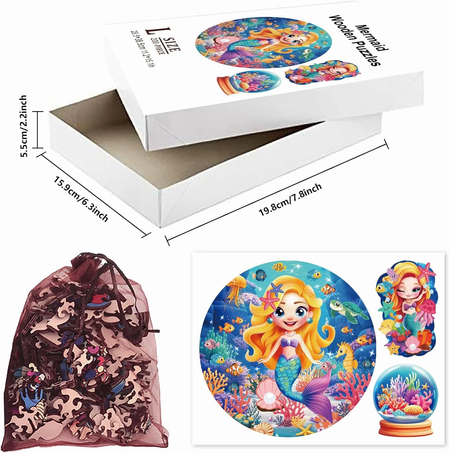 GLOBLELAND 200Pcs Cartoon Mermaid Wooden Jigsaw Puzzles for Toddler Children Learning Underwater World Wooden Puzzles Colorful Unique Shaped Wood Puzzles Birthday Gifts for Preschool Learning