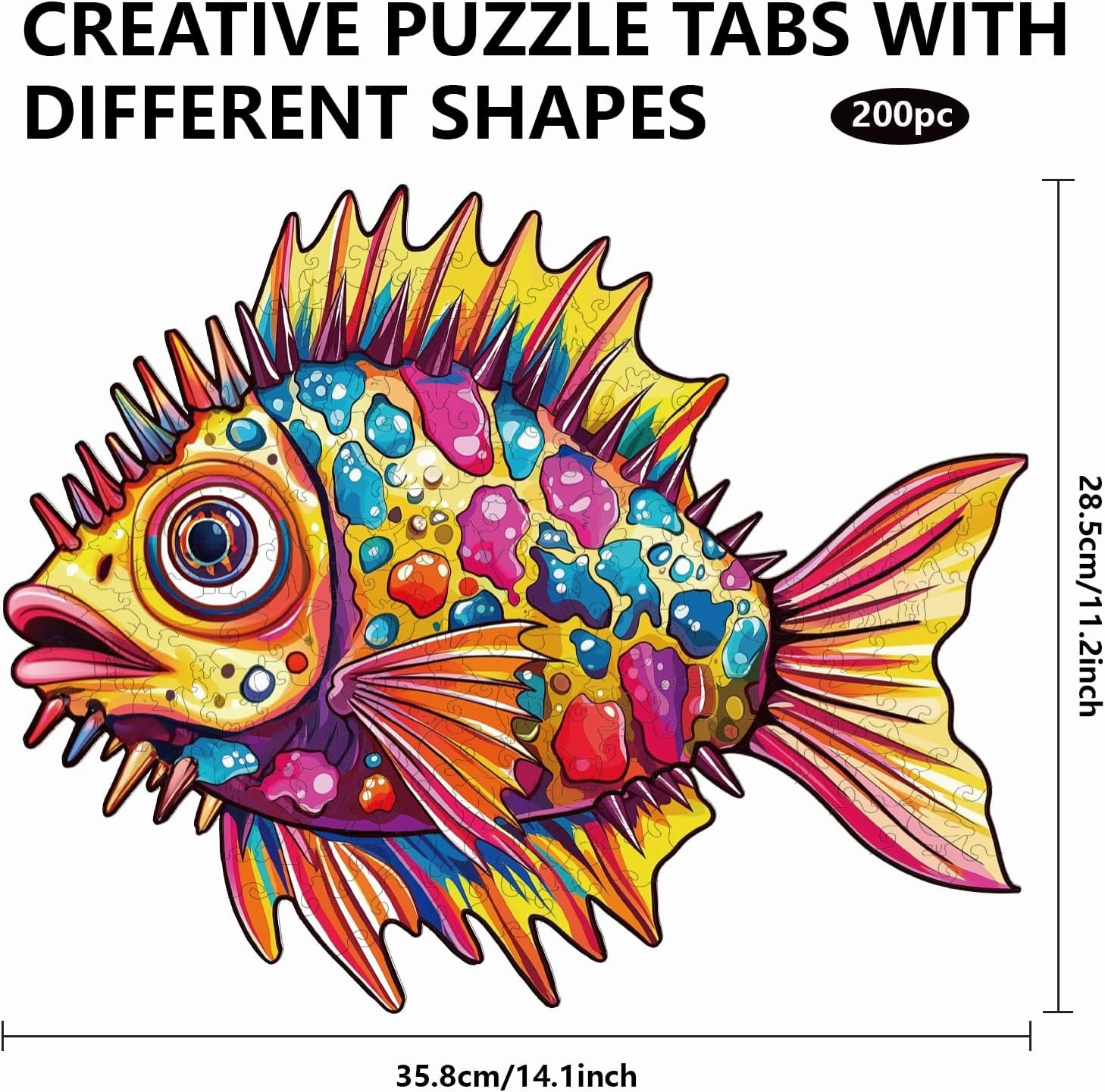 GLOBLELAND 200Pcs Strange Ocean Fish Wooden Jigsaw Puzzles for Adults 35.8x28.5cm/14.1x11.22inch Marine Animal Wood Children Puzzles Colorful Unique Shaped Wooden Puzzles for Holidays Birthday Gift