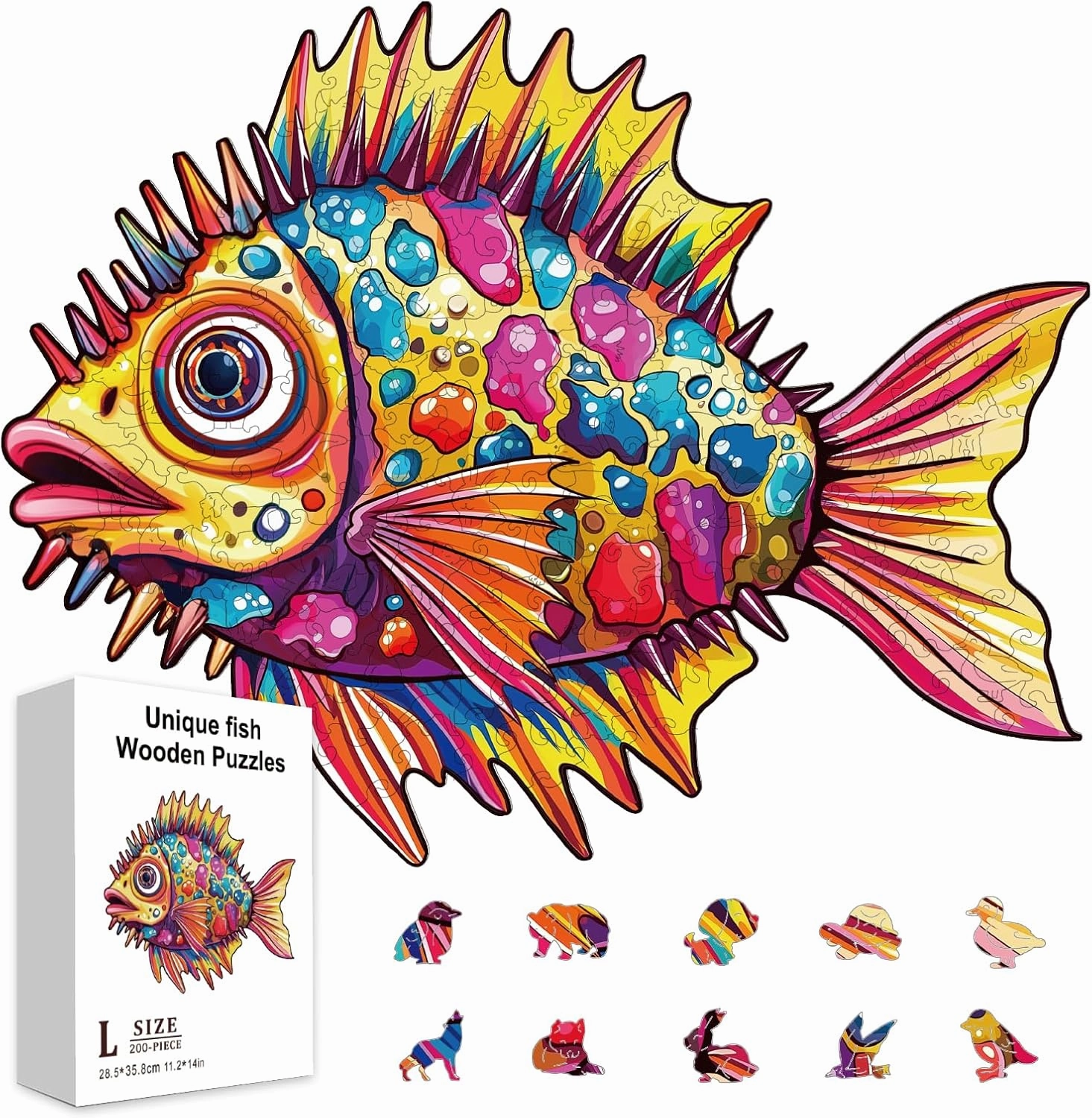 GLOBLELAND 200Pcs Strange Ocean Fish Wooden Jigsaw Puzzles for Adults 35.8x28.5cm/14.1x11.22inch Marine Animal Wood Children Puzzles Colorful Unique Shaped Wooden Puzzles for Holidays Birthday Gift