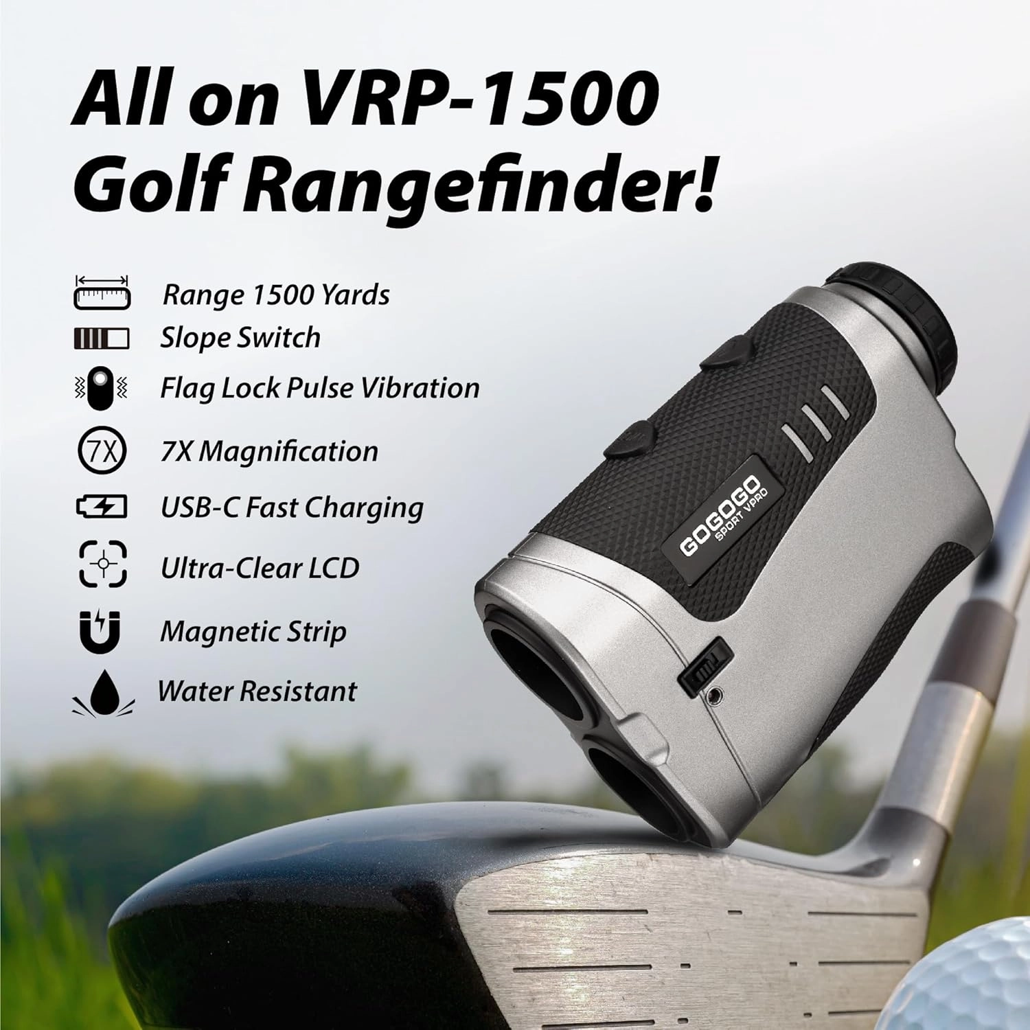 Gogogo Sport Vpro VRP Golf Rangefinder with Slope Switch, 1500/2500 yd, 7X Magnification, Magnet Stripe, ±0.3yd Accuracy, Rechargeable Range Finders for Golfing/Hunting,Golf Accessories