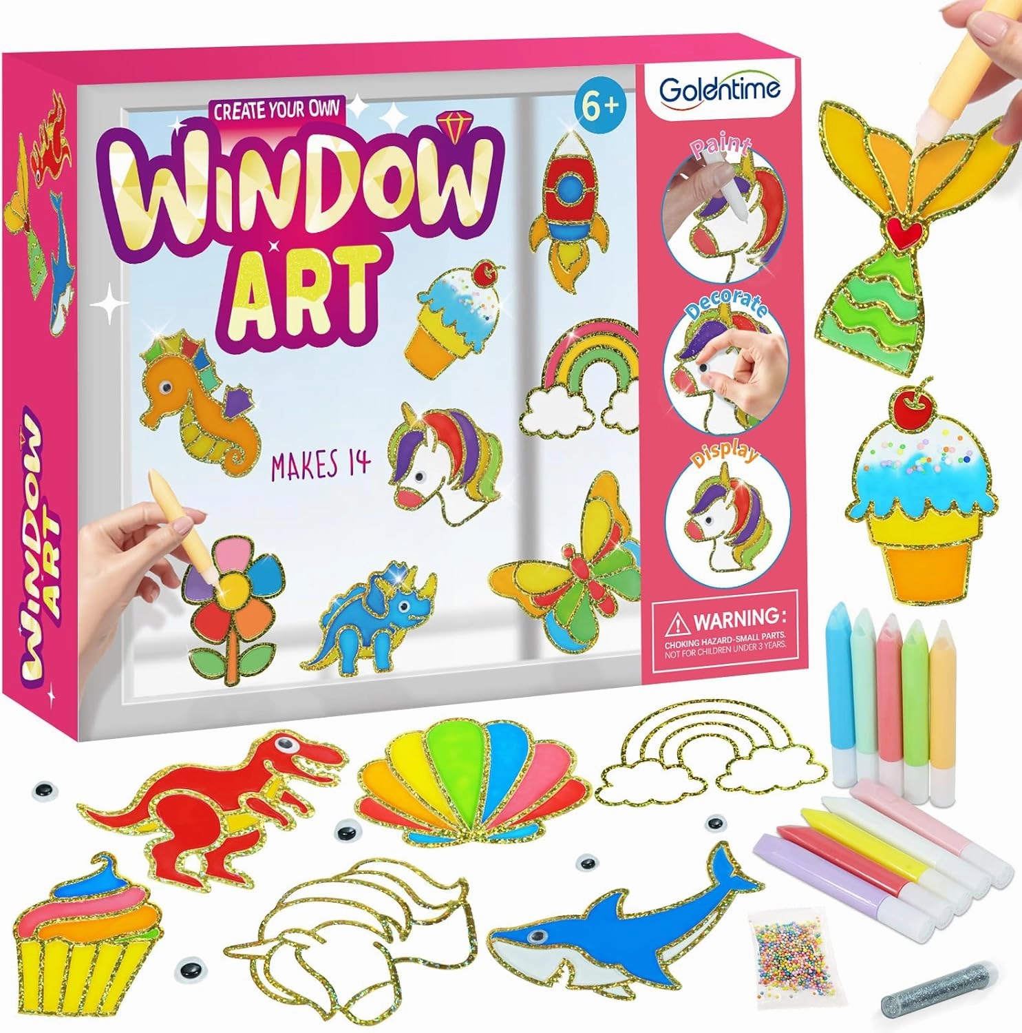 goldentime Create Your Own Fun Window Art Kit for Kids Ages 6  Including 14 DIY Suncatchers with 10 Window Paints, Glitter & Googly Eyes –Perfect Kids Window Painting Craft Kit for DIY Window Art