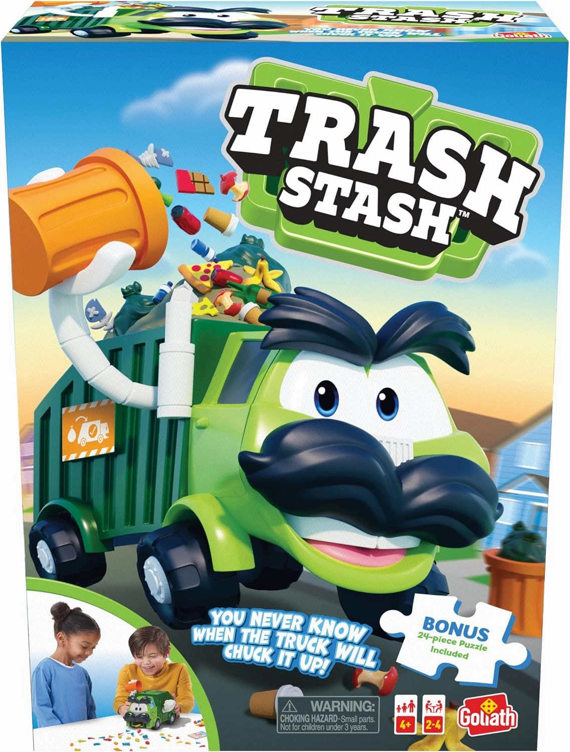 Goliath Trash Stash Game w/ 24pc Puzzle - Fill Trashcan, Watch It Dump Into Garbage Truck Or Truck Chucks It Up - Includes 24-Piece Puzzle