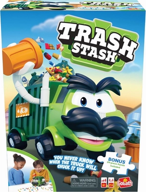 Goliath Trash Stash Game w/ 24pc Puzzle - Fill Trashcan, Watch It Dump Into Garbage Truck Or Truck Chucks It Up - Includes 24-Piece Puzzle