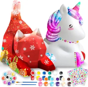 Goodyking Paint Your Own Cat & Unicorn Lamp Art Kit 2pcs, DIY Night Light, Christmas Crafts for Teens, Painting Kit for Girls Boys Age 4 5 6 7 8 , Art Supplies Cat Craft Gift for Birthday, Party