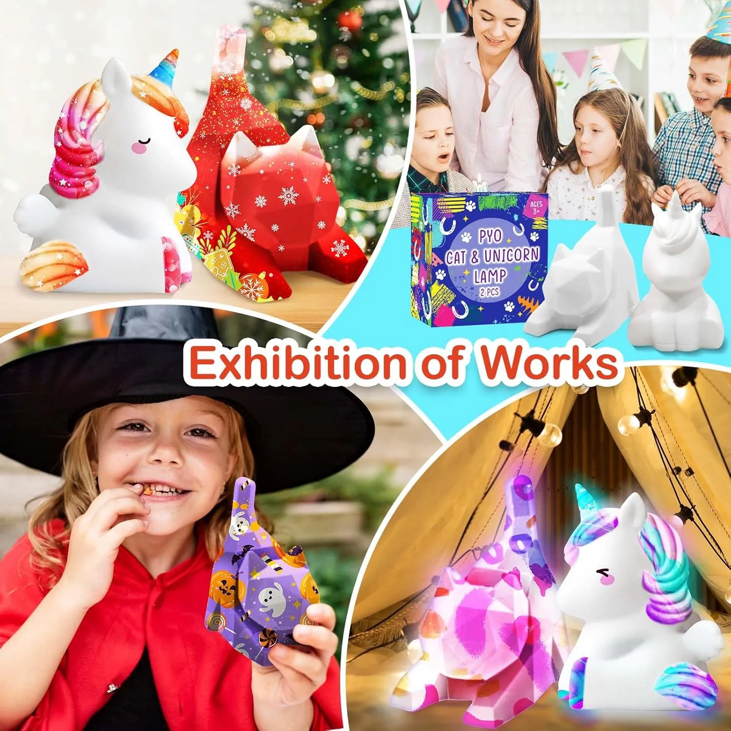 Goodyking Paint Your Own Cat & Unicorn Lamp Art Kit 2pcs, DIY Night Light, Christmas Crafts for Teens, Painting Kit for Girls Boys Age 4 5 6 7 8 , Art Supplies Cat Craft Gift for Birthday, Party