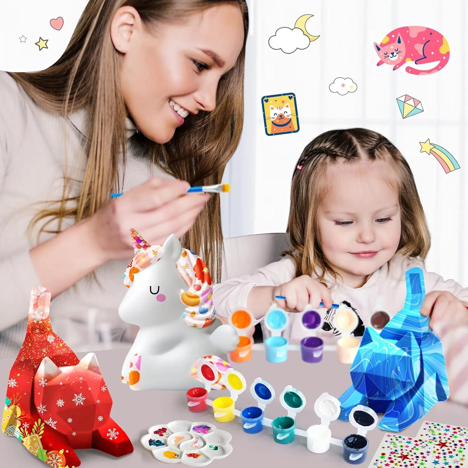 Goodyking Paint Your Own Cat & Unicorn Lamp Art Kit 2pcs, DIY Night Light, Christmas Crafts for Teens, Painting Kit for Girls Boys Age 4 5 6 7 8 , Art Supplies Cat Craft Gift for Birthday, Party