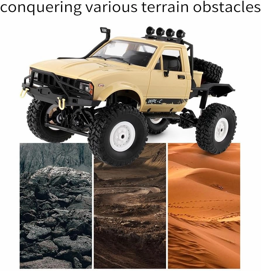 GoolRC RC Truck, WPL C14 RC Crawler 1/16 Scale Remote Control Car, 4WD All Terrain Off Road Semi Truck, 2.4GHz RC Climbing Car with LED Lights and Two Batteries for Adults (Yellow)