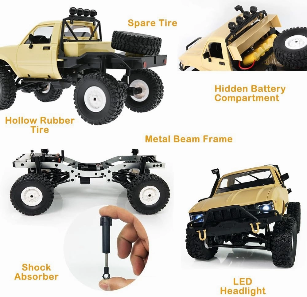 GoolRC RC Truck, WPL C14 RC Crawler 1/16 Scale Remote Control Car, 4WD All Terrain Off Road Semi Truck, 2.4GHz RC Climbing Car with LED Lights and Two Batteries for Adults (Yellow)