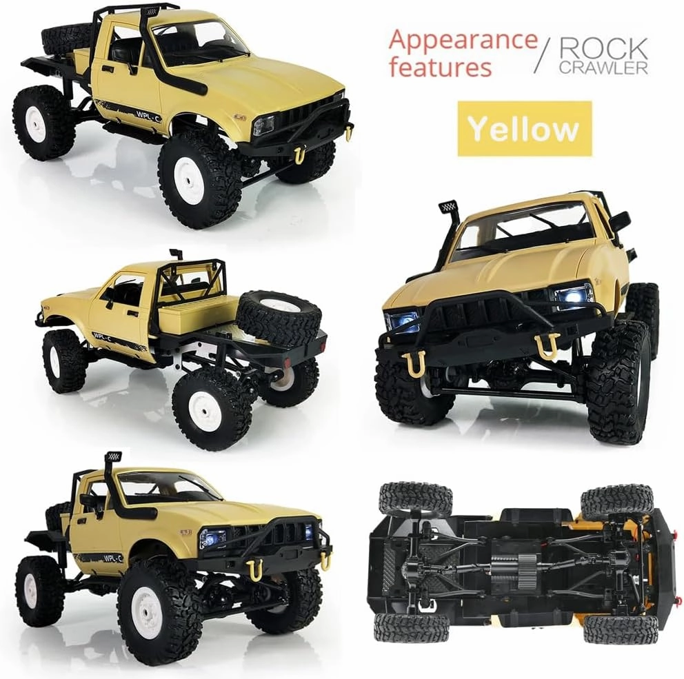 GoolRC RC Truck, WPL C14 RC Crawler 1/16 Scale Remote Control Car, 4WD All Terrain Off Road Semi Truck, 2.4GHz RC Climbing Car with LED Lights and Two Batteries for Adults (Yellow)