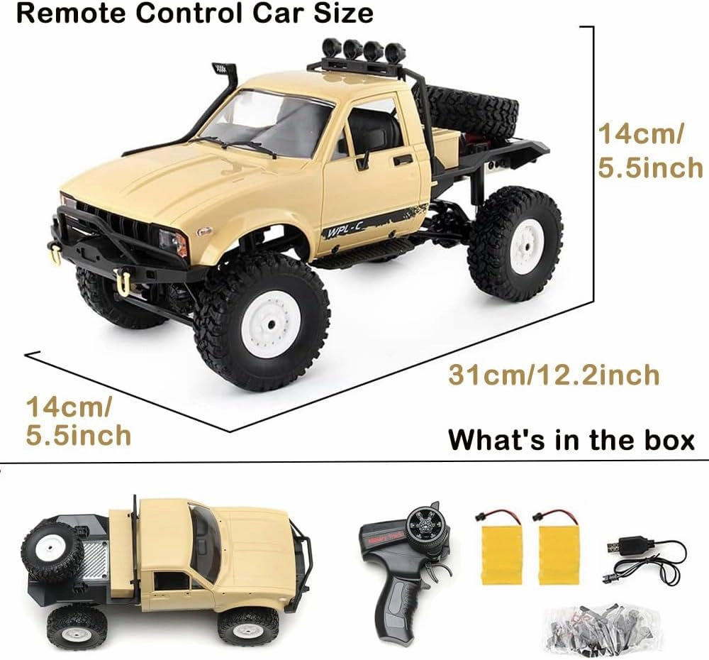GoolRC RC Truck, WPL C14 RC Crawler 1/16 Scale Remote Control Car, 4WD All Terrain Off Road Semi Truck, 2.4GHz RC Climbing Car with LED Lights and Two Batteries for Adults (Yellow)