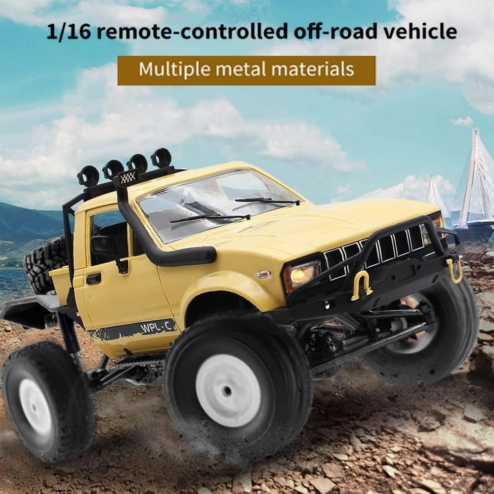 GoolRC RC Truck, WPL C14 RC Crawler 1/16 Scale Remote Control Car, 4WD All Terrain Off Road Semi Truck, 2.4GHz RC Climbing Car with LED Lights and Two Batteries for Adults (Yellow)