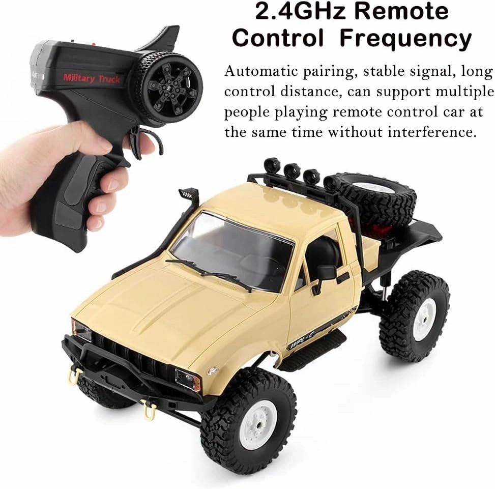 GoolRC RC Truck, WPL C14 RC Crawler 1/16 Scale Remote Control Car, 4WD All Terrain Off Road Semi Truck, 2.4GHz RC Climbing Car with LED Lights and Two Batteries for Adults (Yellow)