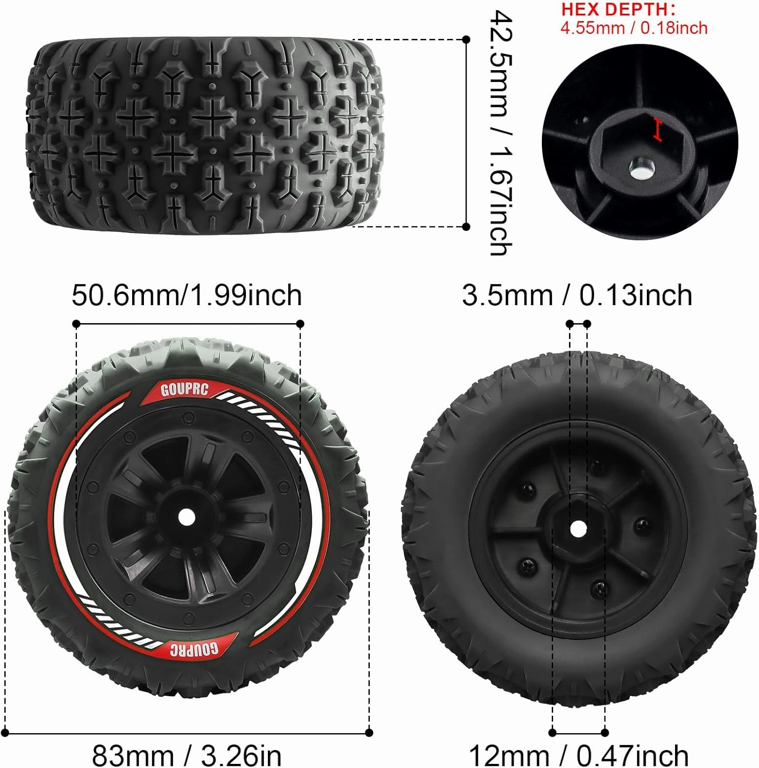 GOUPRC 12mm Hex RC Wheel Tires Set, 3.26 * 1.67 Inches 4PCS Swamp Claw Mud Terrain Tires Accessories for 1/14 1/16 RC Car Crawler Buggy Truck