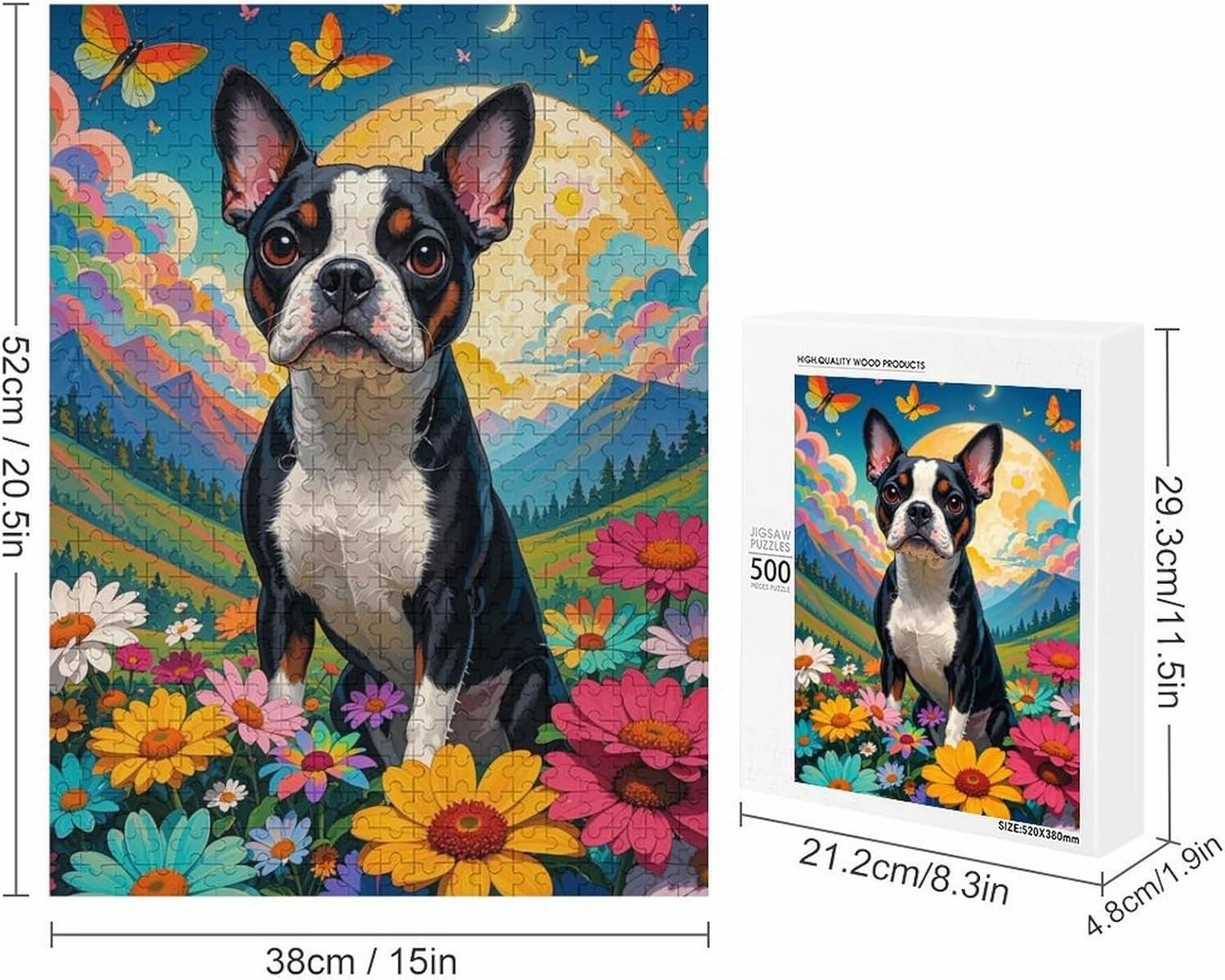 Grassland Flowers Boston Terrier - 500 Piece Jigsaw Puzzles for Adults，Stress Relieving Game Props Positive Thinking Puzzles Party Entertainment Puzzles for Adults and Teens Toy