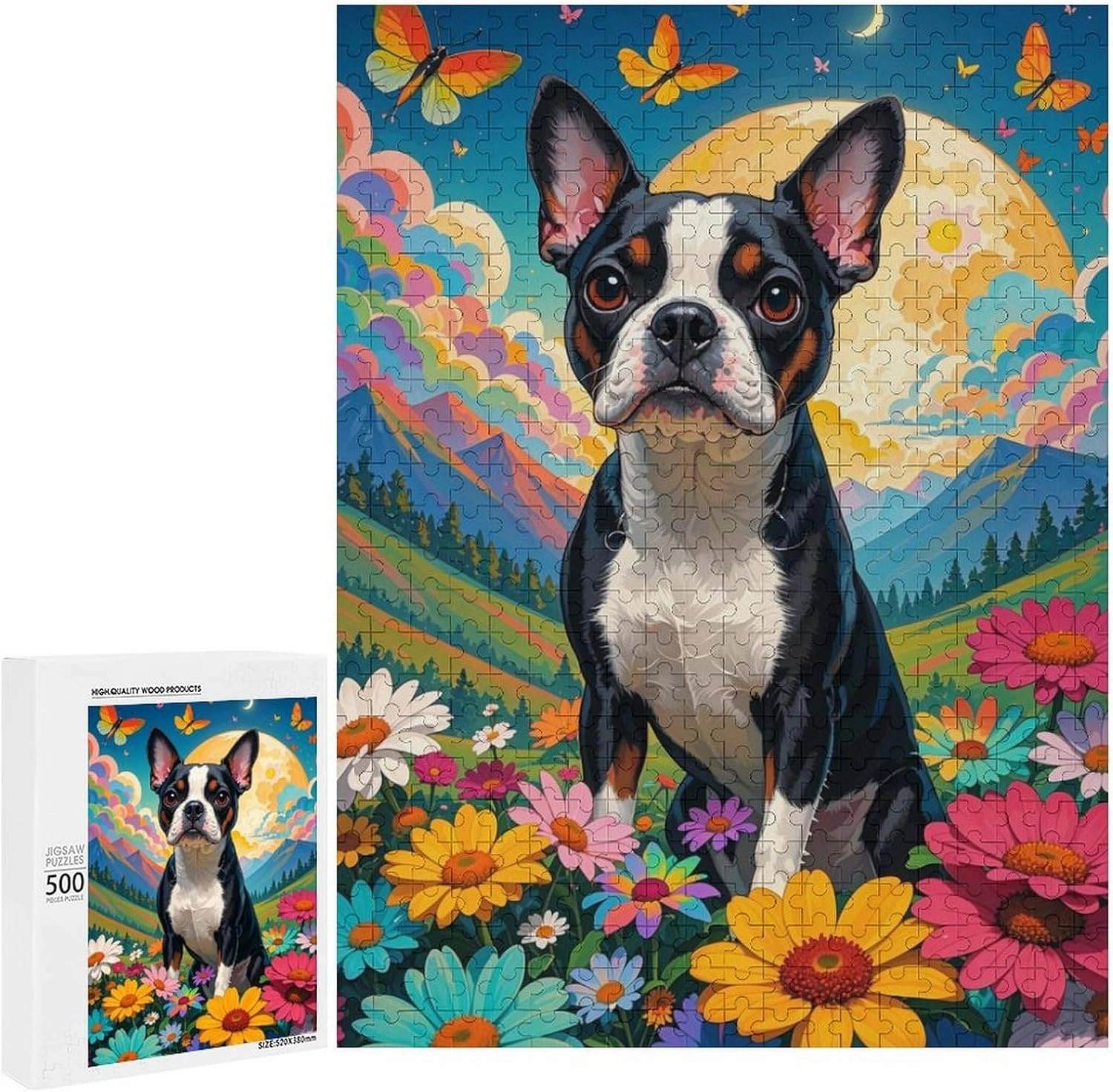 Grassland Flowers Boston Terrier - 500 Piece Jigsaw Puzzles for Adults，Stress Relieving Game Props Positive Thinking Puzzles Party Entertainment Puzzles for Adults and Teens Toy