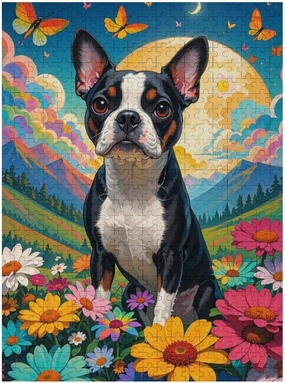 Grassland Flowers Boston Terrier - 500 Piece Jigsaw Puzzles for Adults，Stress Relieving Game Props Positive Thinking Puzzles Party Entertainment Puzzles for Adults and Teens Toy